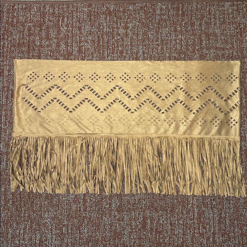 Fringed Tan faux suede Lazer cut infinity scarf loop scarf western cowgirl